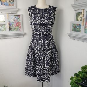 Escada Jacguard Fit & Flare Navy, Black & Gray Wide Pleats Vintage Neo 40 / 10